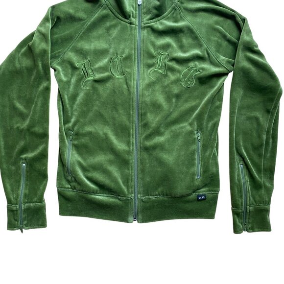 Vintage BCBG Y2K Velour Track Jacket Olive Green Zip Up Embroider Gothic Logo-S - Picture 8 of 13